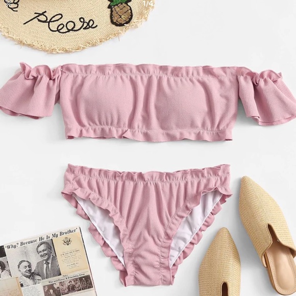 Pink Ribbed Ruffle Off Shoulder Cheeky Bikini - Picture 3 of 6